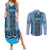 Blue Aotearoa Kowhaiwhai Pattern Couples Matching Summer Maxi Dress and Long Sleeve Button Shirt NZ Maori Quilt Style