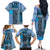 Blue Aotearoa Kowhaiwhai Pattern Family Matching Off The Shoulder Long Sleeve Dress and Hawaiian Shirt NZ Maori Quilt Style