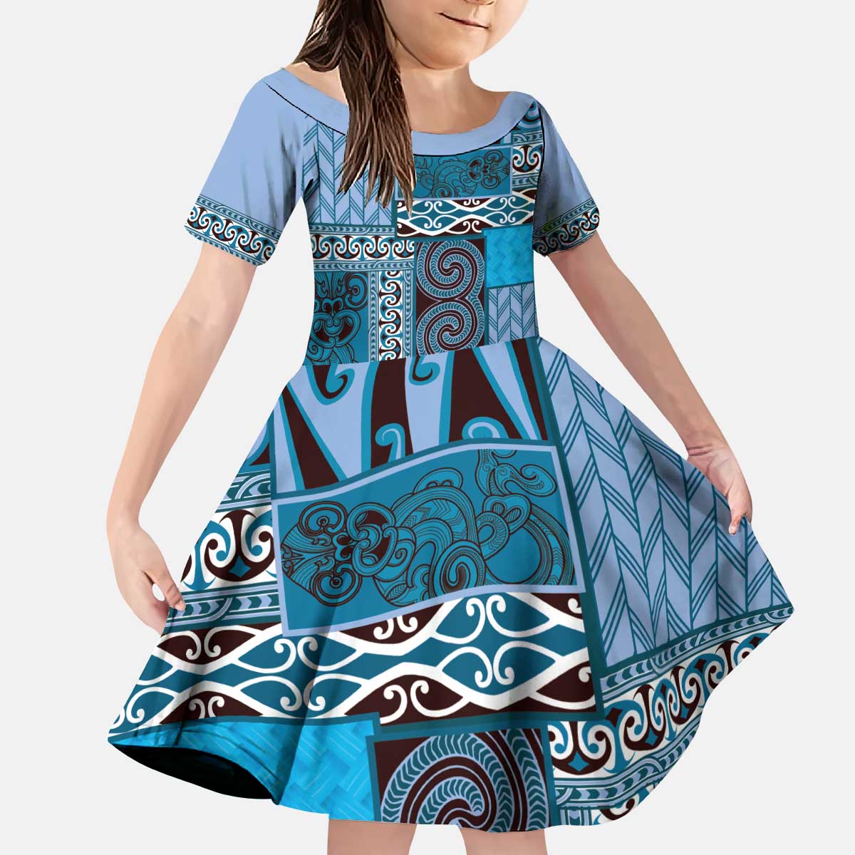 Blue Aotearoa Kowhaiwhai Pattern Kid Short Sleeve Dress NZ Maori Quilt Style LT14 KID Blue - Polynesian Pride
