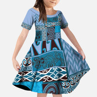 Blue Aotearoa Kowhaiwhai Pattern Kid Short Sleeve Dress NZ Maori Quilt Style LT14 KID Blue - Polynesian Pride