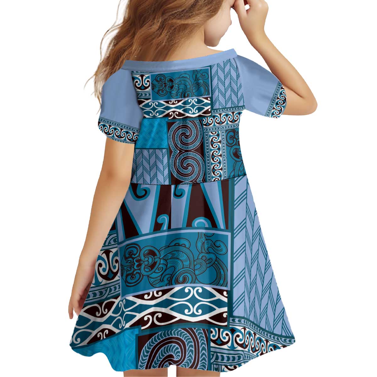 Blue Aotearoa Kowhaiwhai Pattern Kid Short Sleeve Dress NZ Maori Quilt Style LT14 - Polynesian Pride