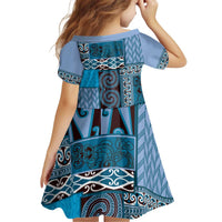 Blue Aotearoa Kowhaiwhai Pattern Kid Short Sleeve Dress NZ Maori Quilt Style LT14 - Polynesian Pride