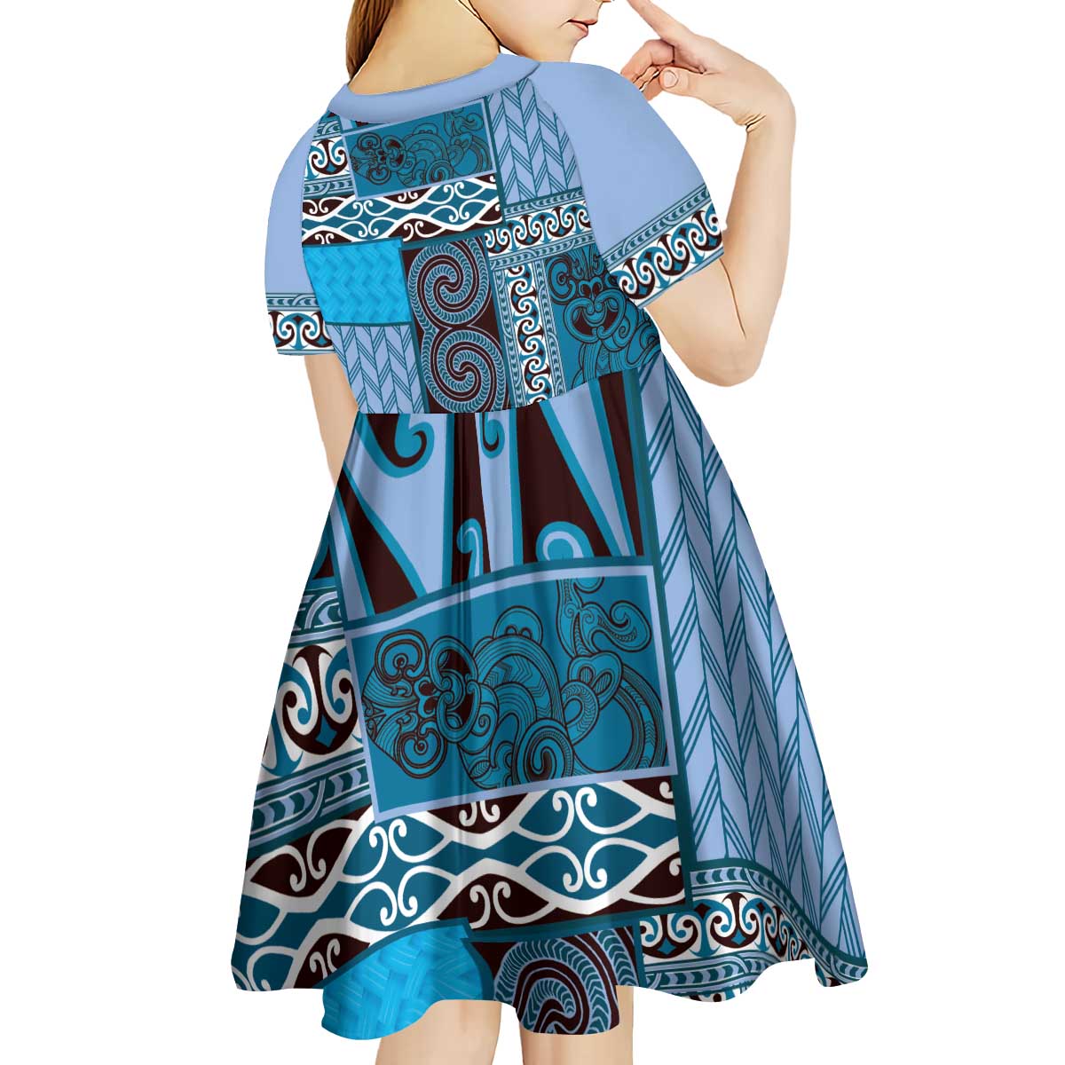 Blue Aotearoa Kowhaiwhai Pattern Kid Short Sleeve Dress NZ Maori Quilt Style LT14 - Polynesian Pride