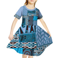 Blue Aotearoa Kowhaiwhai Pattern Kid Short Sleeve Dress NZ Maori Quilt Style LT14 - Polynesian Pride