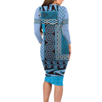 Blue Aotearoa Kowhaiwhai Pattern Long Sleeve Bodycon Dress NZ Maori Quilt Style LT14 - Polynesian Pride