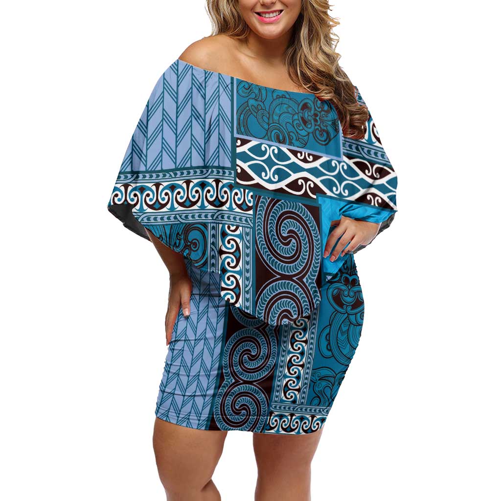Blue Aotearoa Kowhaiwhai Pattern Off Shoulder Short Dress NZ Maori Quilt Style LT14 Women Blue - Polynesian Pride