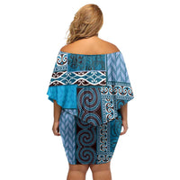 Blue Aotearoa Kowhaiwhai Pattern Off Shoulder Short Dress NZ Maori Quilt Style LT14 - Polynesian Pride