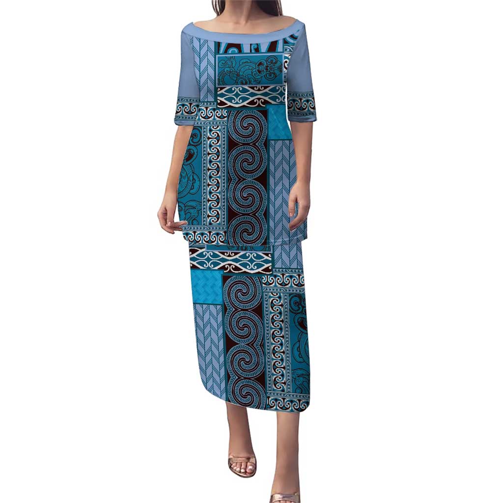 Blue Aotearoa Kowhaiwhai Pattern Puletasi NZ Maori Quilt Style LT14 Long Dress Blue - Polynesian Pride