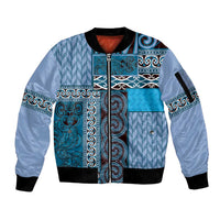 Blue Aotearoa Kowhaiwhai Pattern Sleeve Zip Bomber Jacket NZ Maori Quilt Style LT14 Unisex Blue - Polynesian Pride