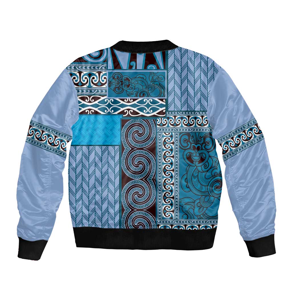 Blue Aotearoa Kowhaiwhai Pattern Sleeve Zip Bomber Jacket NZ Maori Quilt Style LT14 - Polynesian Pride