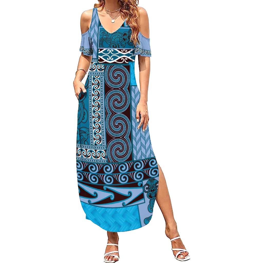 Blue Aotearoa Kowhaiwhai Pattern Summer Maxi Dress NZ Maori Quilt Style LT14 Women Blue - Polynesian Pride