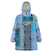 Blue Aotearoa Kowhaiwhai Pattern Wearable Blanket Hoodie NZ Maori Quilt Style LT14 One Size Blue - Polynesian Pride