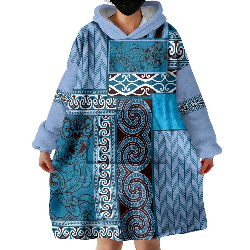 Blue Aotearoa Kowhaiwhai Pattern Wearable Blanket Hoodie NZ Maori Quilt Style LT14 - Polynesian Pride