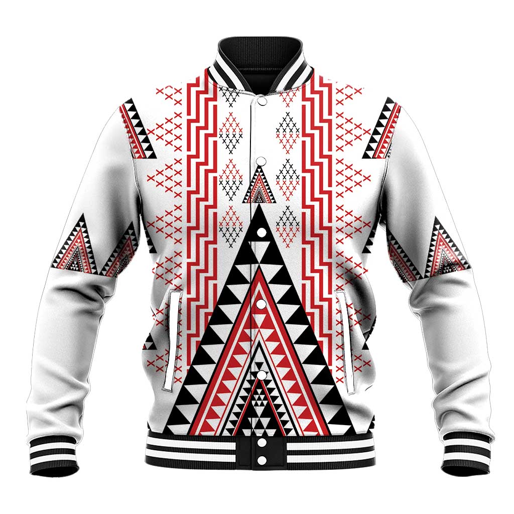 Aotearoa Taniko Baseball Jacket Niho Taniwha Purapura Whetu Mix Poutama LT14 Unisex White - Polynesian Pride