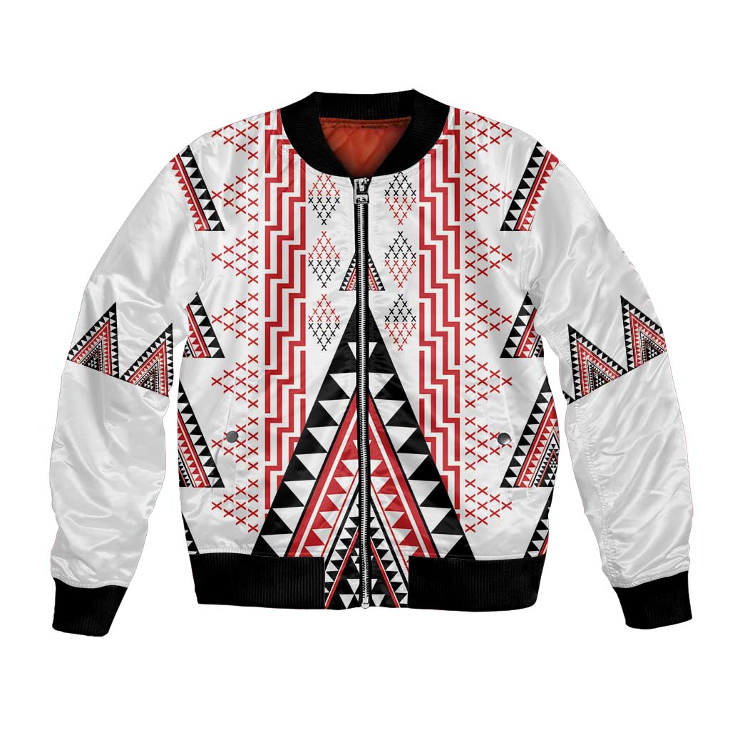 Aotearoa Taniko Bomber Jacket Niho Taniwha Purapura Whetu Mix Poutama LT14 Unisex White - Polynesian Pride