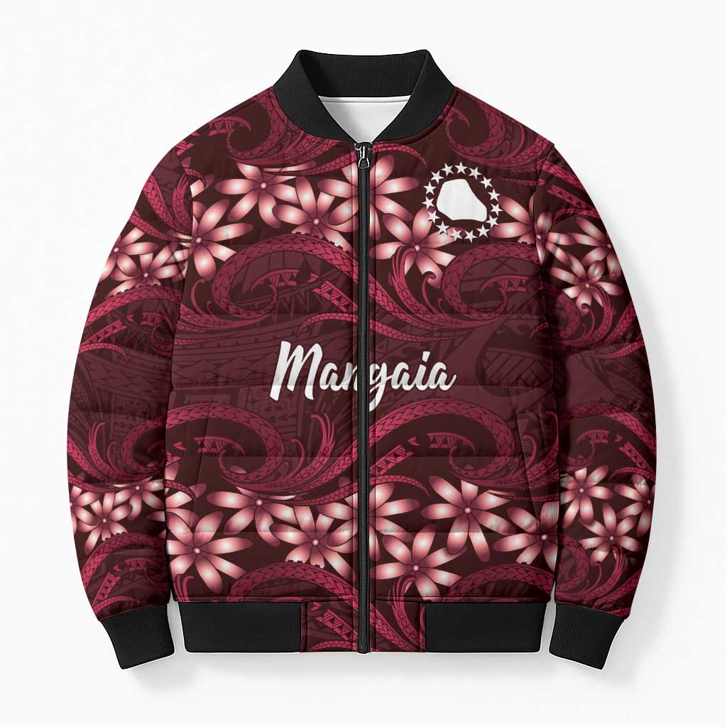 Personalised Cook Islands Mangaia Bomber Puffer Jacket Tiare Maori Polynesian Waves Tattoo LT14 Unisex Burgundy - Polynesian Pride