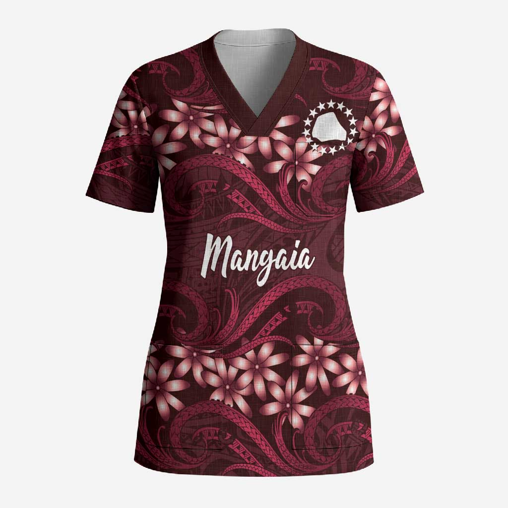 Personalised Cook Islands Mangaia Scrub Top Tiare Maori Polynesian Waves Tattoo LT14 Adult Burgundy - Polynesian Pride