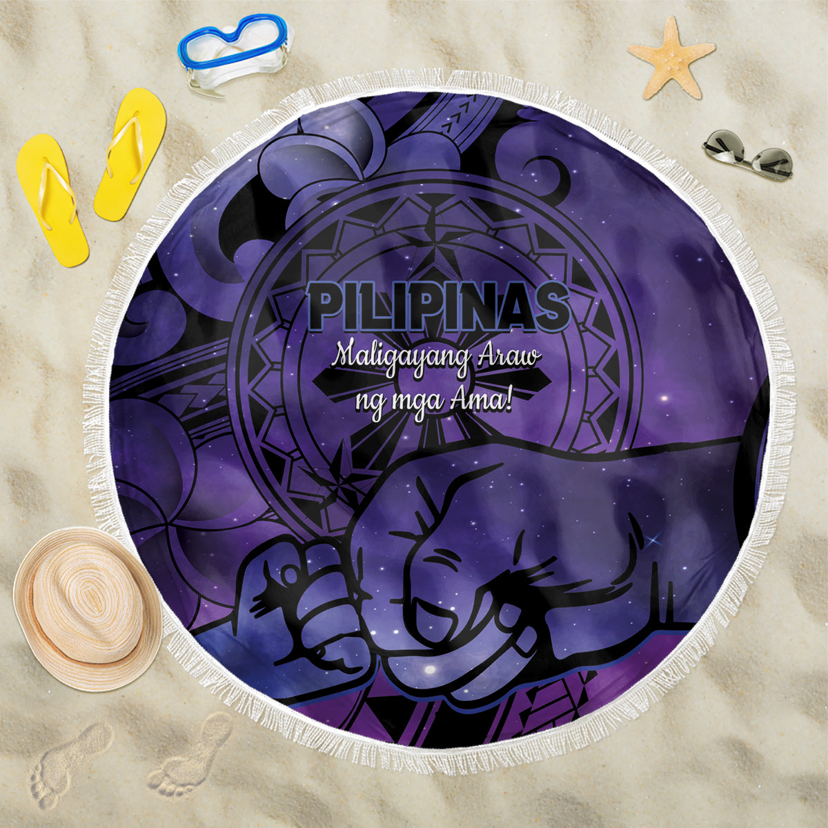 Philippines Father's Day Beach Blanket Polynesian Tattoo Galaxy Vibes LT14 One Size 150cm Blue - Polynesian Pride