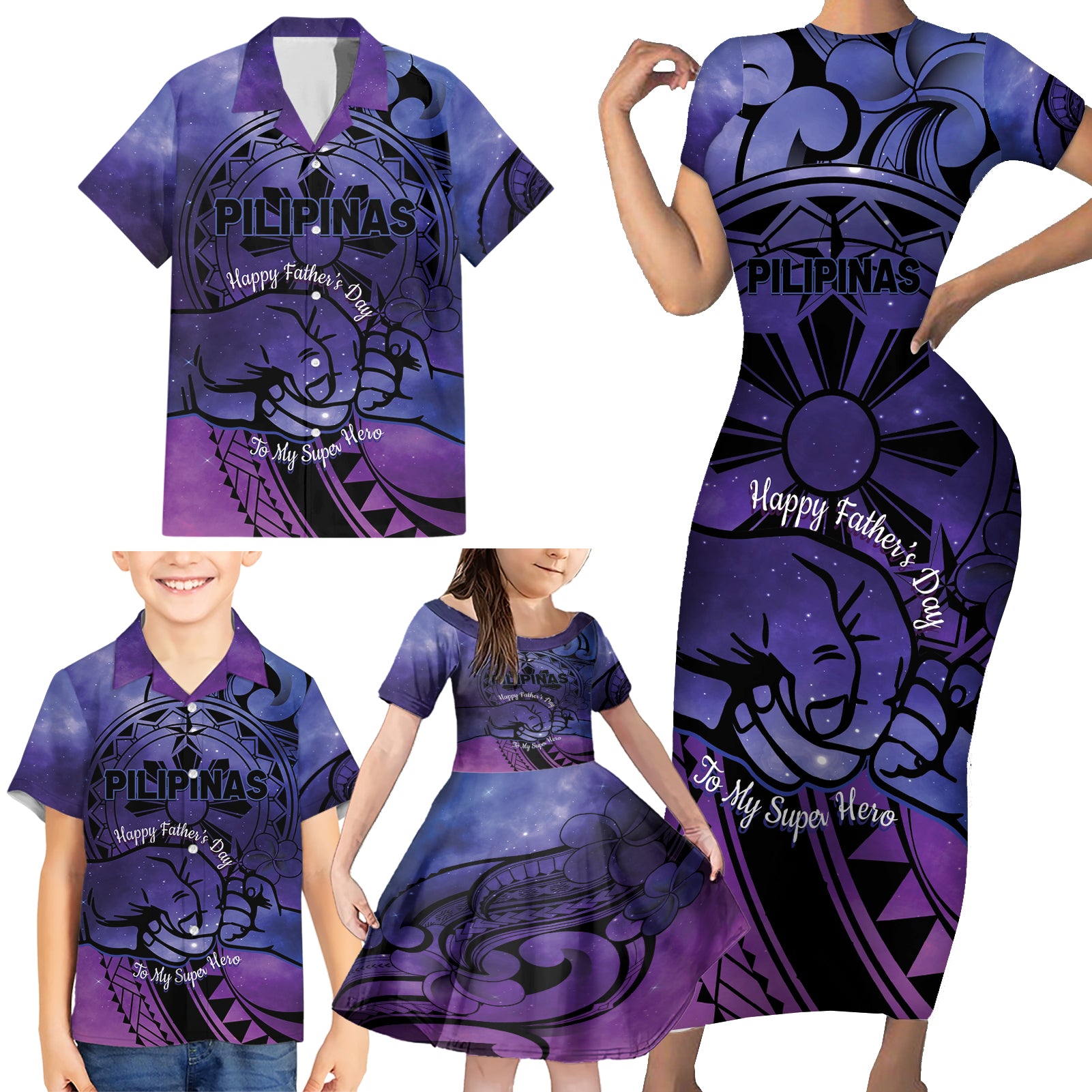 Philippines Father's Day Family Matching Short Sleeve Bodycon Dress and Hawaiian Shirt Polynesian Tattoo Galaxy Vibes