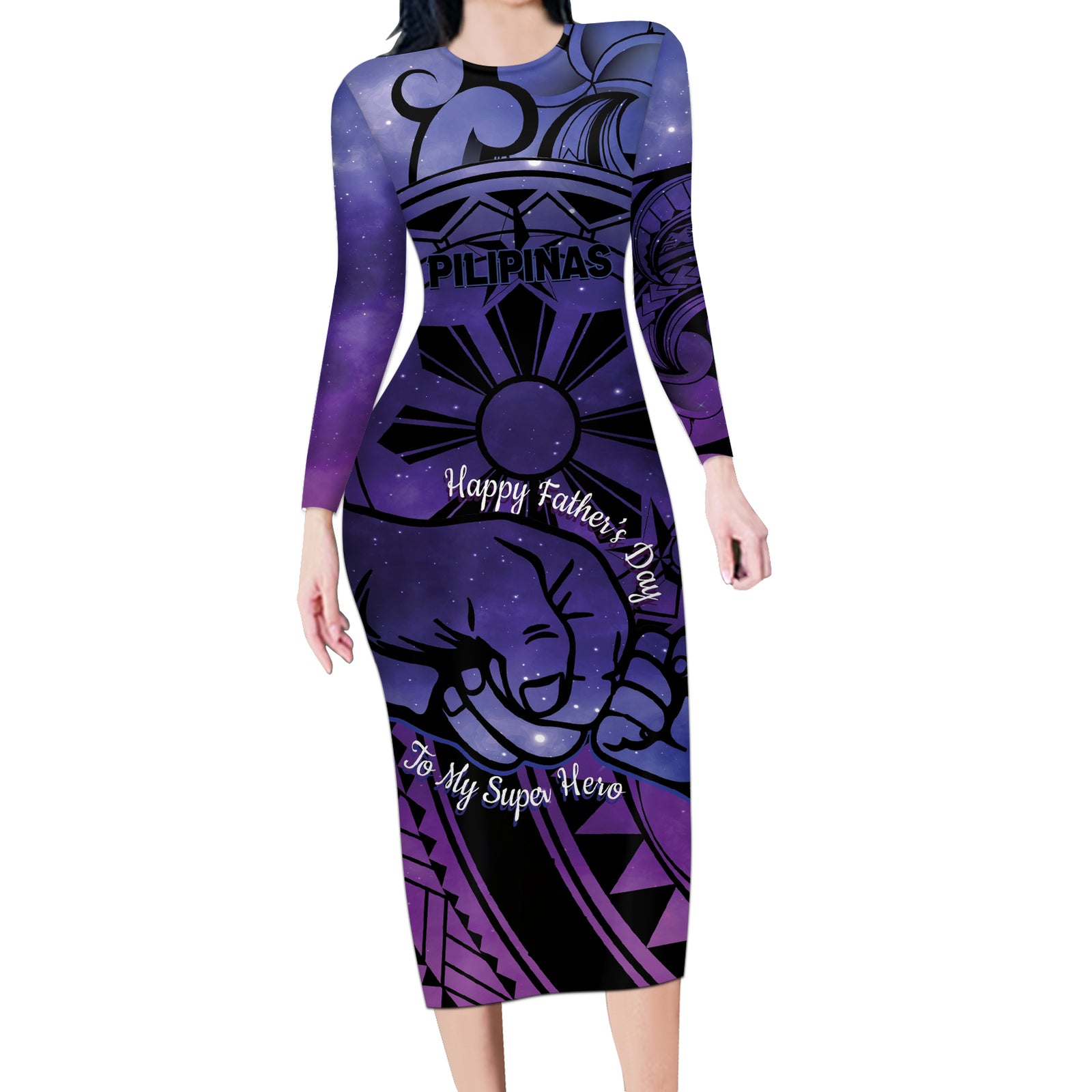 Philippines Father's Day Long Sleeve Bodycon Dress Polynesian Tattoo Galaxy Vibes LT14 Long Dress Blue - Polynesian Pride