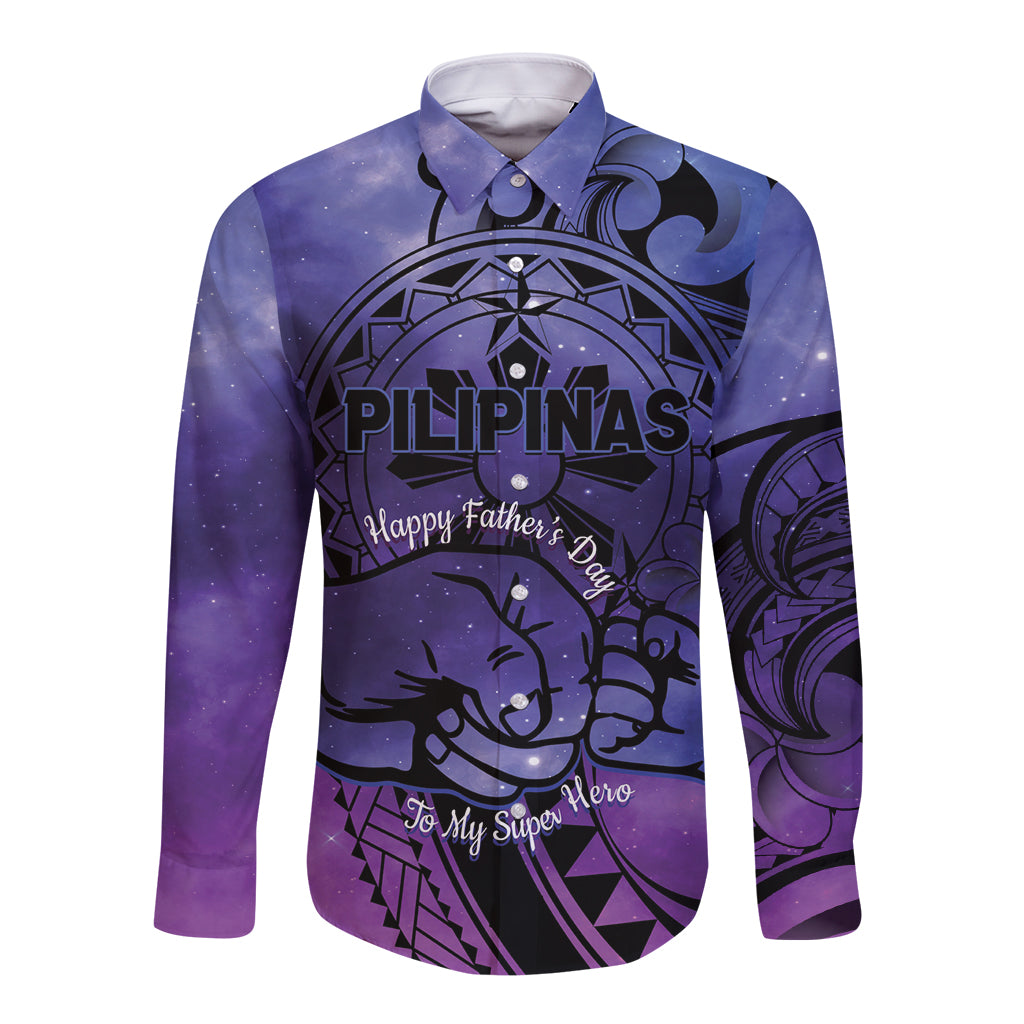 Philippines Father's Day Long Sleeve Button Shirt Polynesian Tattoo Galaxy Vibes LT14 Unisex Blue - Polynesian Pride