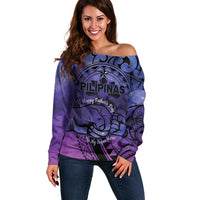 Philippines Father's Day Off Shoulder Sweater Polynesian Tattoo Galaxy Vibes LT14 Women Blue - Polynesian Pride