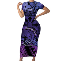 Philippines Father's Day Short Sleeve Bodycon Dress Polynesian Tattoo Galaxy Vibes LT14 Long Dress Blue - Polynesian Pride