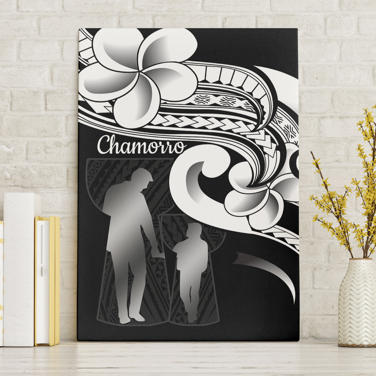 Guam Father's Day Canvas Wall Art Chamorro Latte Stone Polynesian Pattern LT14 Without Frame Black - Polynesian Pride