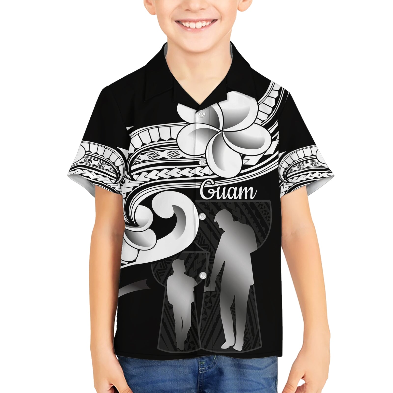 Guam Father's Day Kid Hawaiian Shirt Chamorro Latte Stone Polynesian Pattern LT14 Kid Black - Polynesian Pride