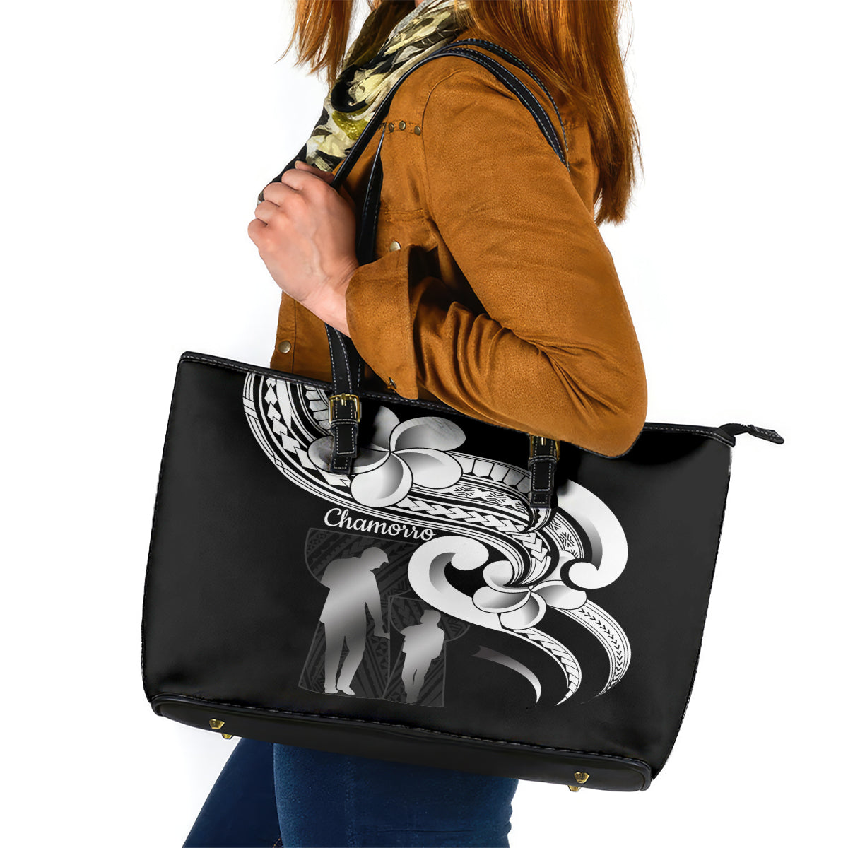 Guam Father's Day Leather Tote Bag Chamorro Latte Stone Polynesian Pattern LT14 Black - Polynesian Pride