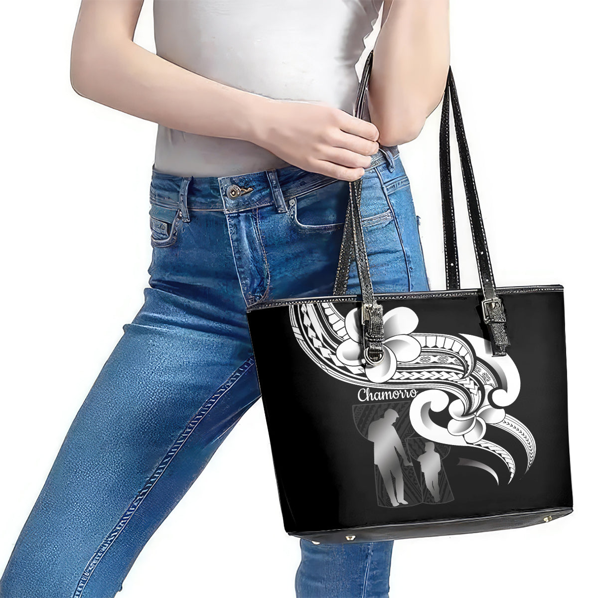 Guam Father's Day Leather Tote Bag Chamorro Latte Stone Polynesian Pattern LT14 - Polynesian Pride
