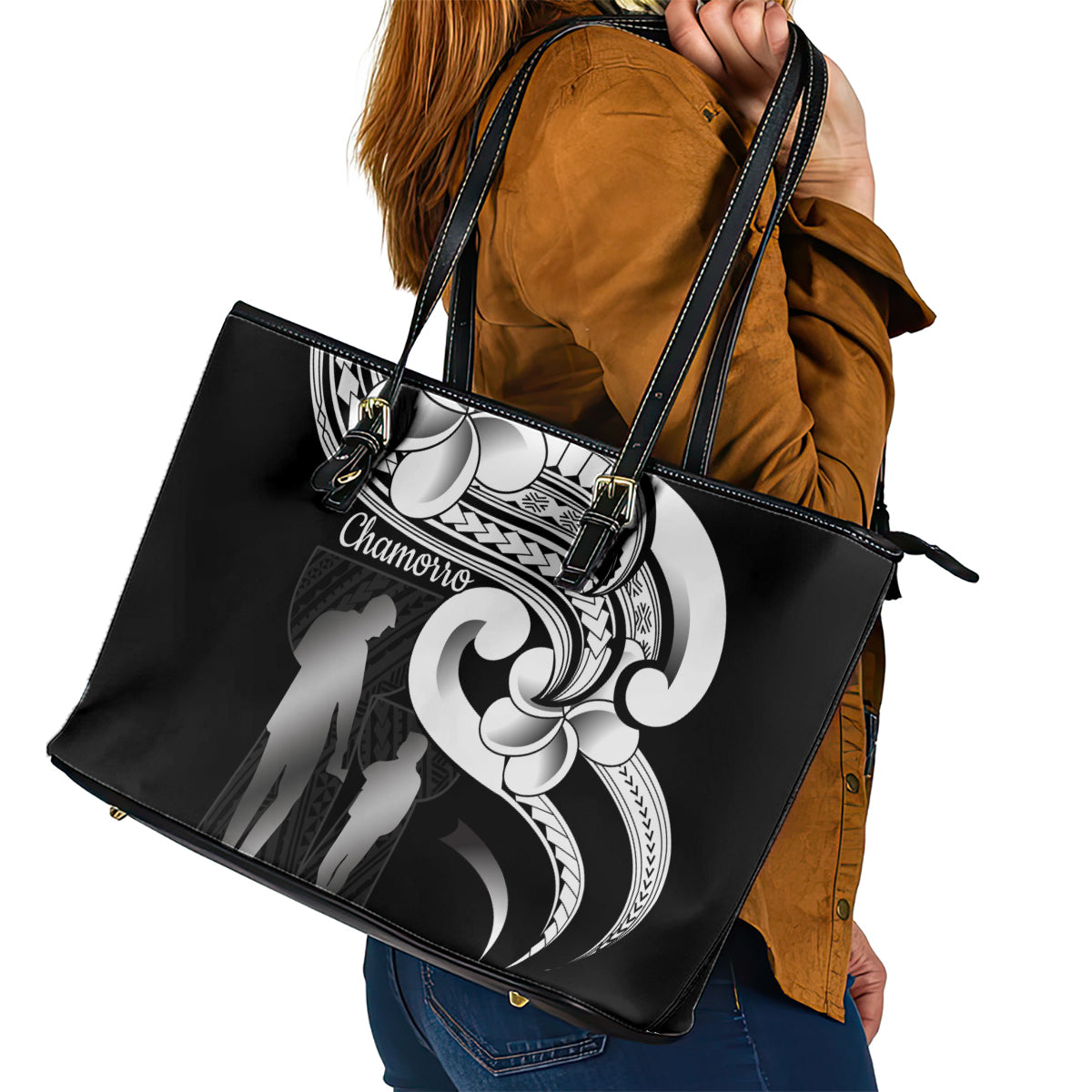 Guam Father's Day Leather Tote Bag Chamorro Latte Stone Polynesian Pattern LT14 - Polynesian Pride