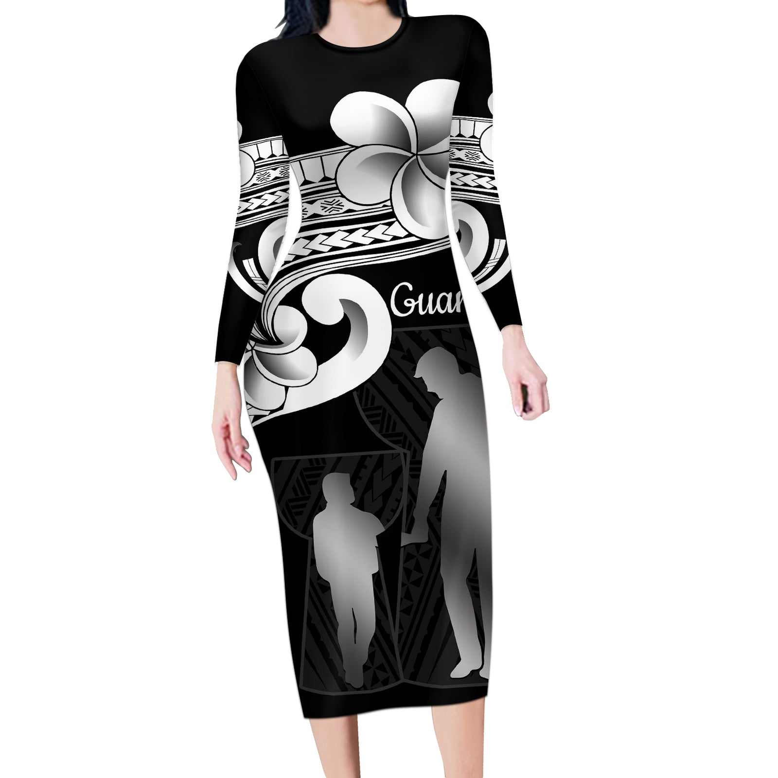 Guam Father's Day Long Sleeve Bodycon Dress Chamorro Latte Stone Polynesian Pattern LT14 Long Dress Black - Polynesian Pride