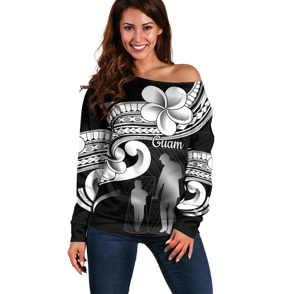 Guam Father's Day Off Shoulder Sweater Chamorro Latte Stone Polynesian Pattern LT14 Women Black - Polynesian Pride