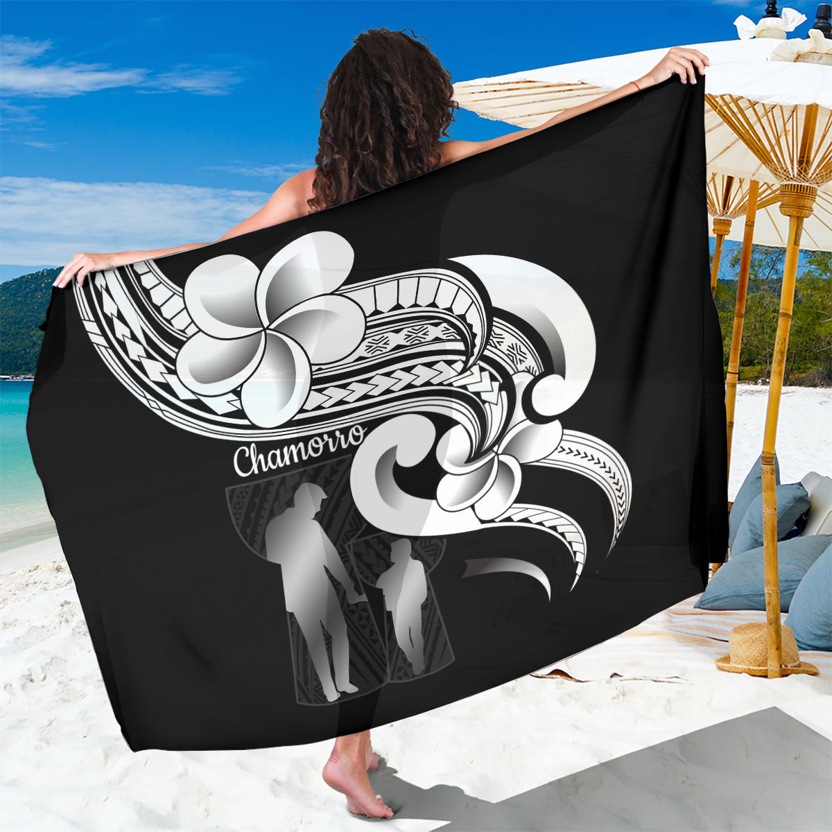Guam Father's Day Sarong Chamorro Latte Stone Polynesian Pattern LT14 One Size 44 x 66 inches Black - Polynesian Pride