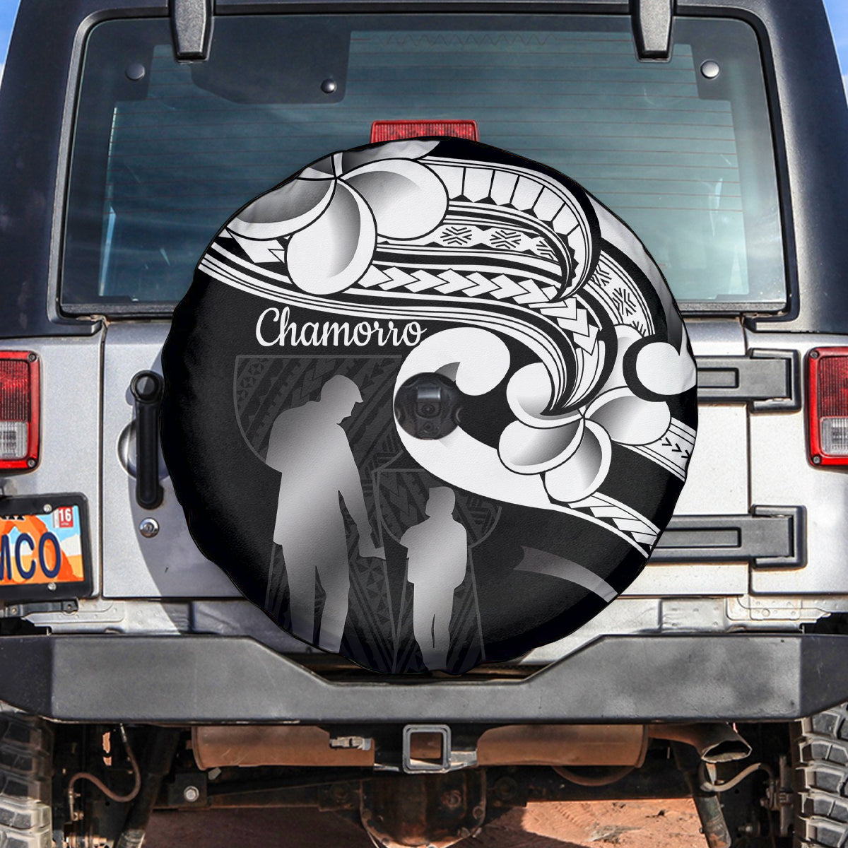 Guam Father's Day Spare Tire Cover Chamorro Latte Stone Polynesian Pattern LT14 Black - Polynesian Pride