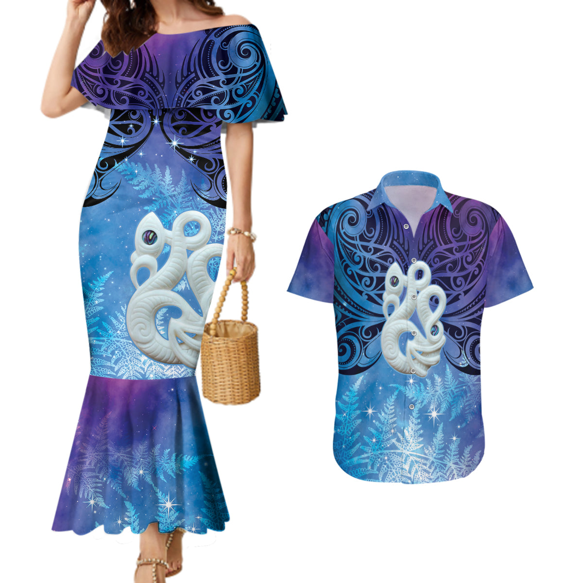 New Zealand Matariki Couples Matching Mermaid Dress and Hawaiian Shirt Aotearoa Maori New Year Manaia Galaxy Vibes