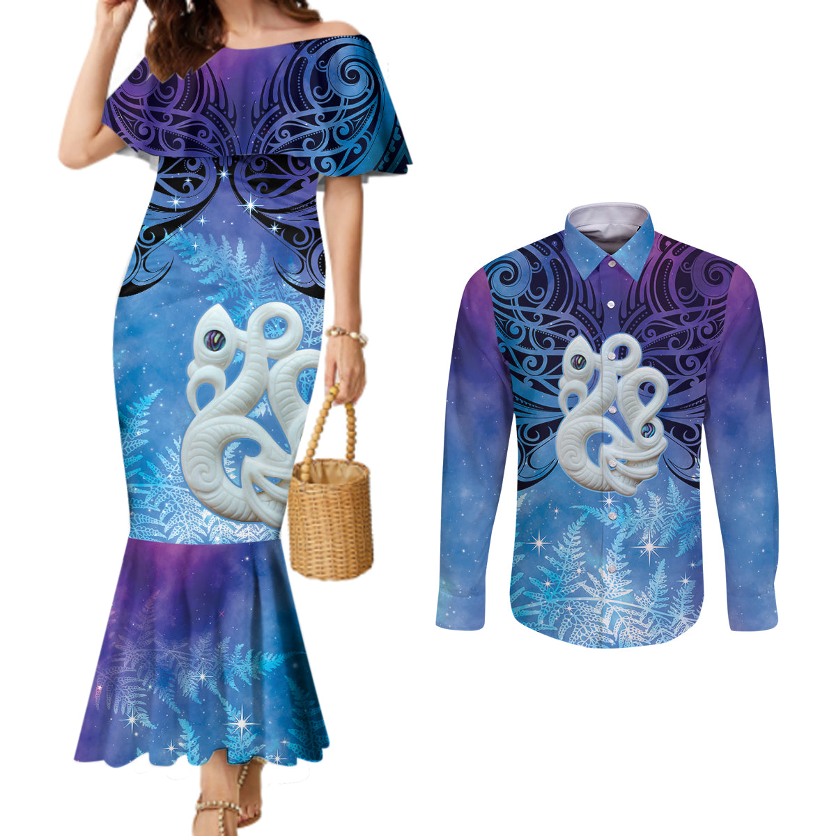 New Zealand Matariki Couples Matching Mermaid Dress and Long Sleeve Button Shirt Aotearoa Maori New Year Manaia Galaxy Vibes