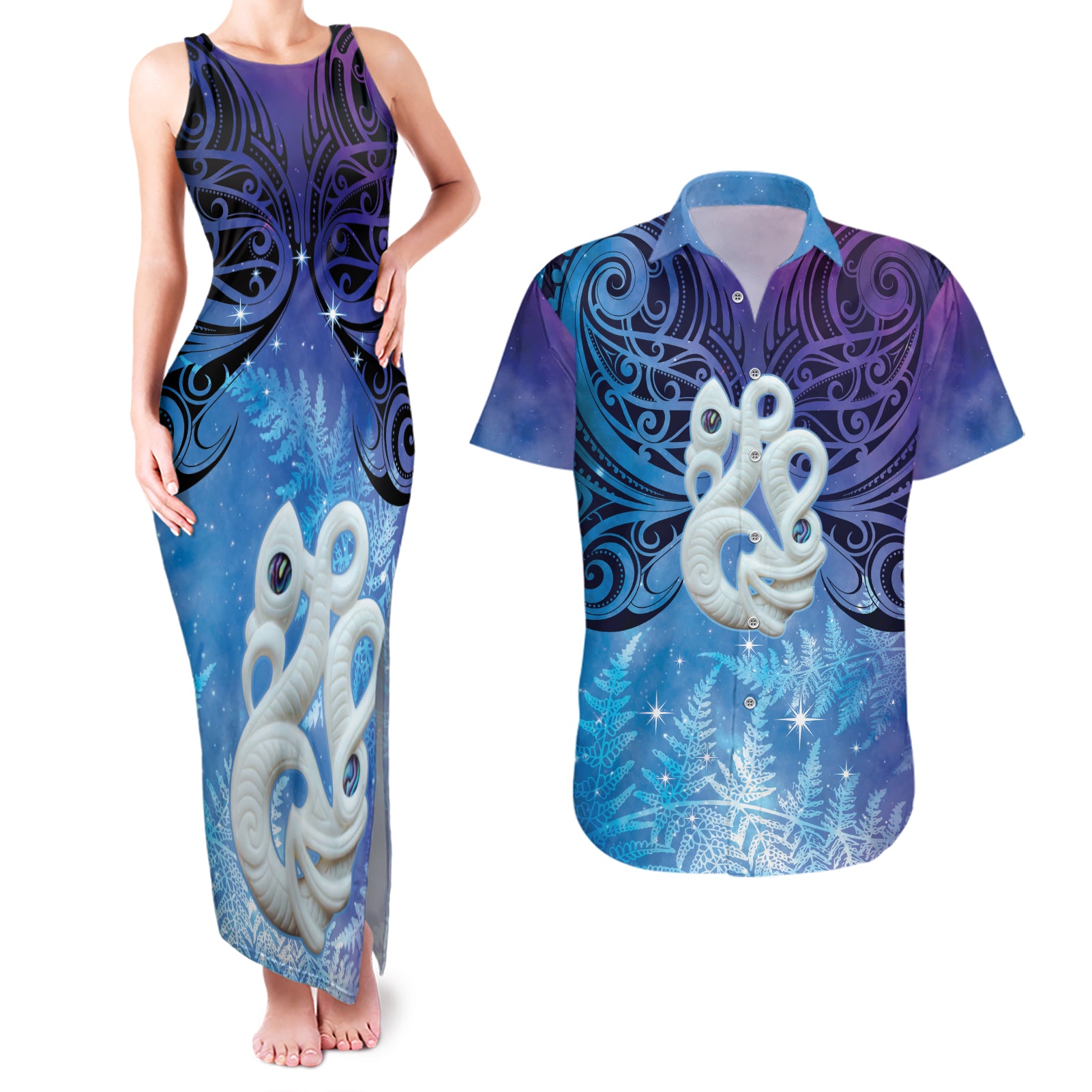 New Zealand Matariki Couples Matching Tank Maxi Dress and Hawaiian Shirt Aotearoa Maori New Year Manaia Galaxy Vibes