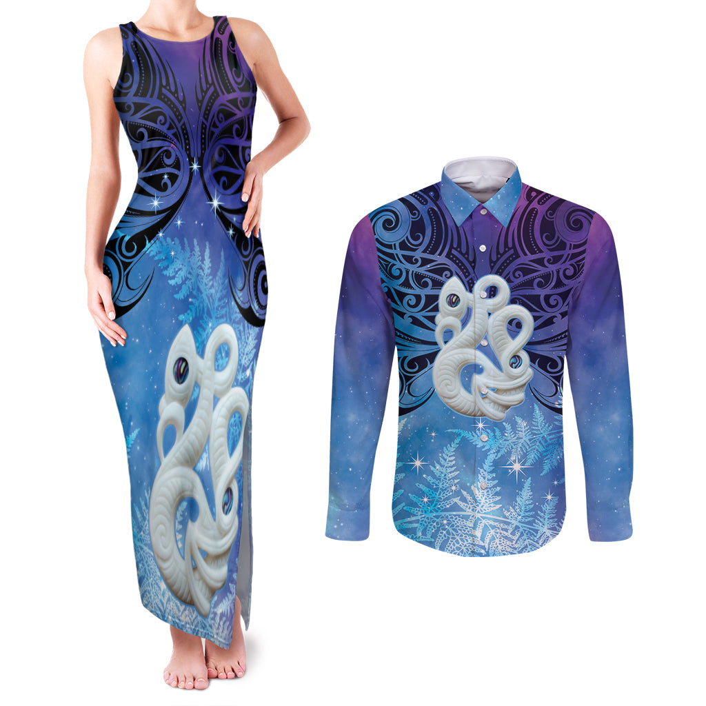 New Zealand Matariki Couples Matching Tank Maxi Dress and Long Sleeve Button Shirt Aotearoa Maori New Year Manaia Galaxy Vibes