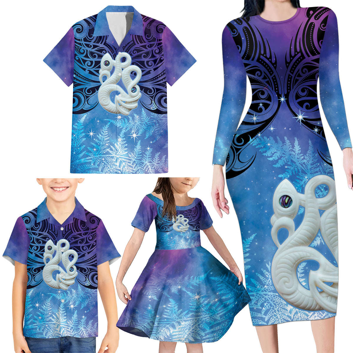 New Zealand Matariki Family Matching Long Sleeve Bodycon Dress and Hawaiian Shirt Aotearoa Maori New Year Manaia Galaxy Vibes