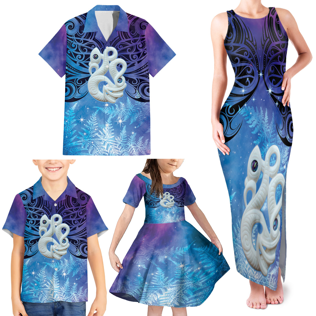 New Zealand Matariki Family Matching Tank Maxi Dress and Hawaiian Shirt Aotearoa Maori New Year Manaia Galaxy Vibes