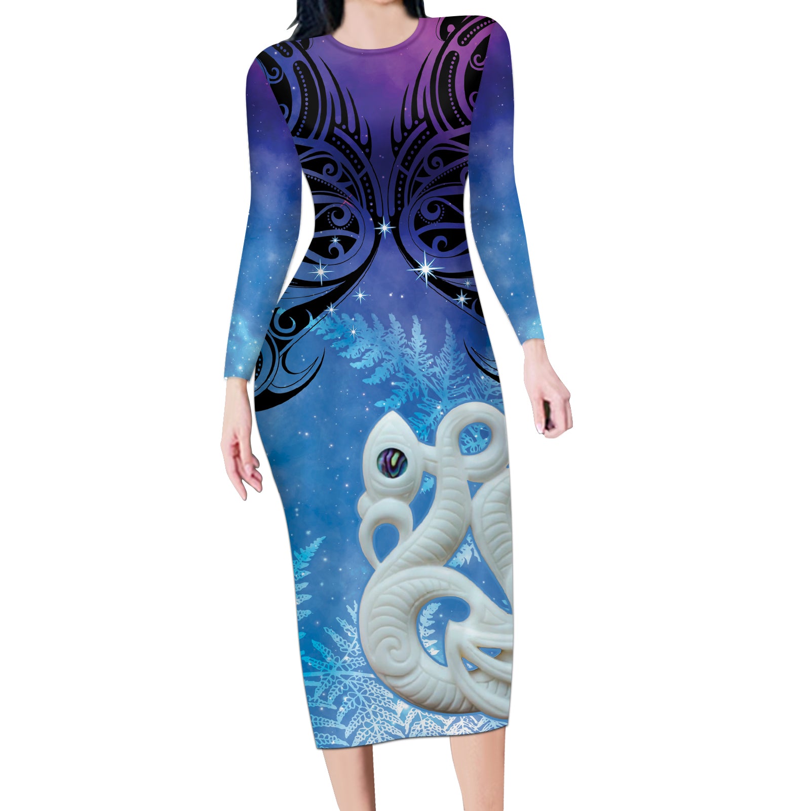 New Zealand Matariki Long Sleeve Bodycon Dress Aotearoa Maori New Year Manaia Galaxy Vibes