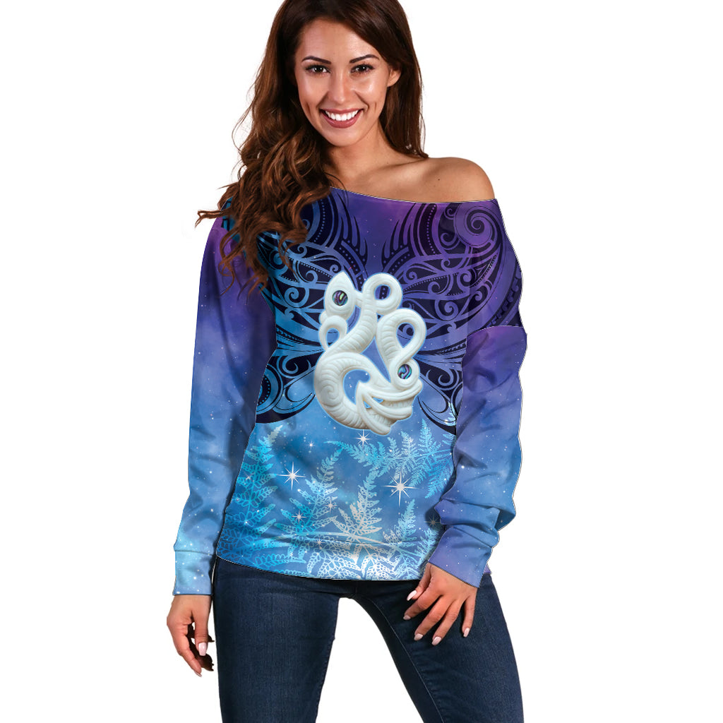 New Zealand Matariki Off Shoulder Sweater Aotearoa Maori New Year Manaia Galaxy Vibes LT14 Women Blue - Polynesian Pride