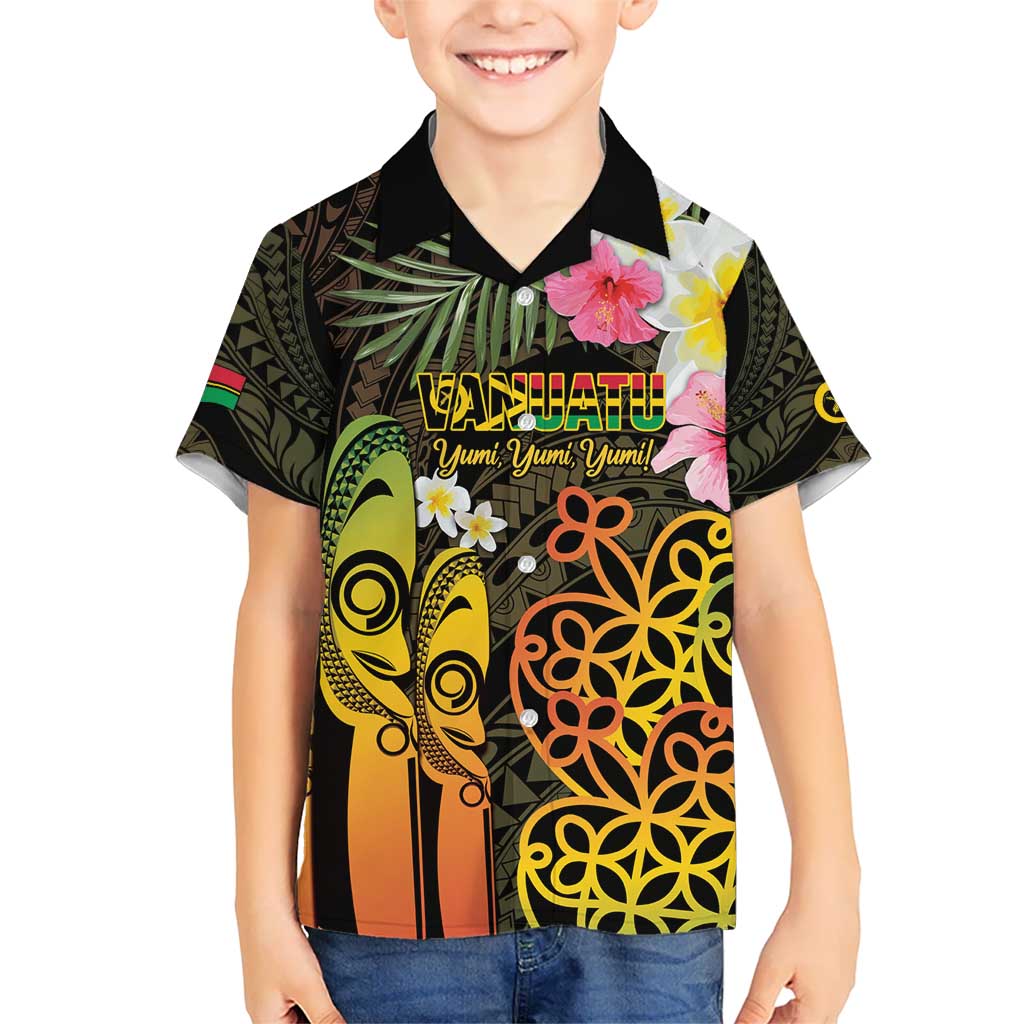 Personalised Vanuatu Independence Day Kid Hawaiian Shirt Carving Drum Sand Drawing Turtle LT14 Kid Black - Polynesian Pride