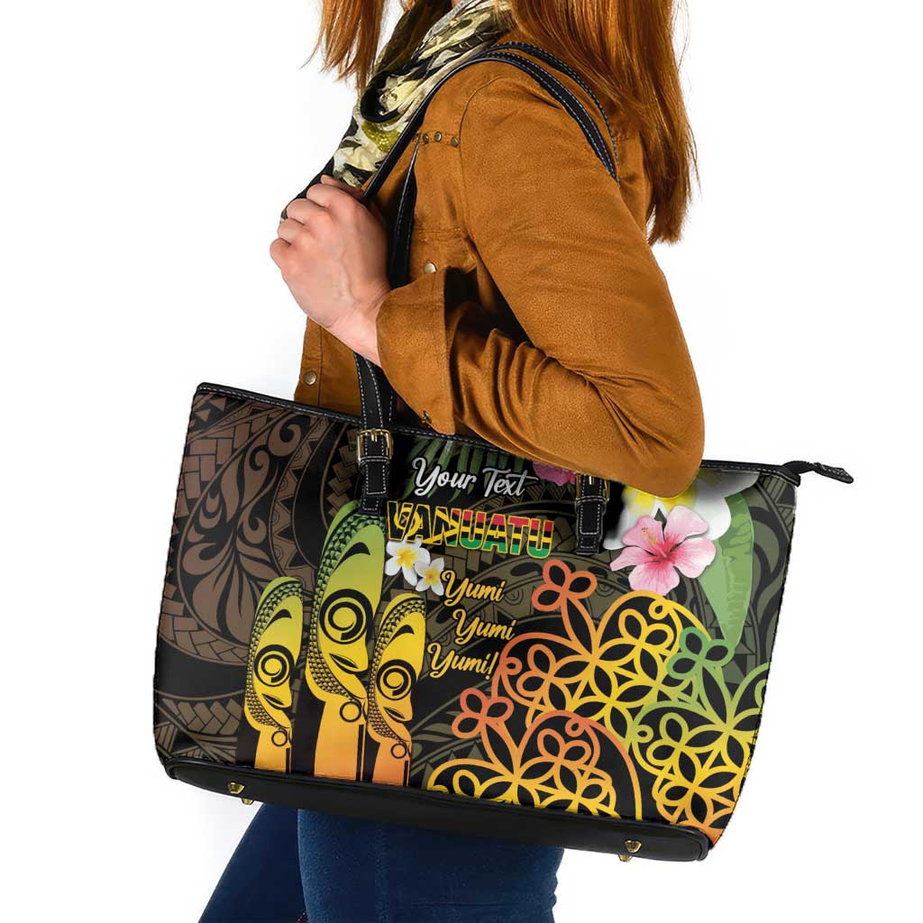 Personalised Vanuatu Independence Day Leather Tote Bag Carving Drum Sand Drawing Turtle LT14 Black - Polynesian Pride