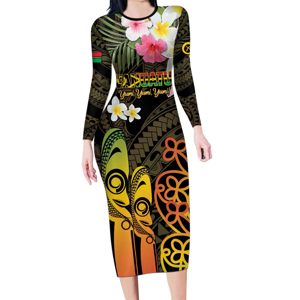 Personalised Vanuatu Independence Day Long Sleeve Bodycon Dress Carving Drum Sand Drawing Turtle LT14 Long Dress Black - Polynesian Pride