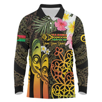 Personalised Vanuatu Independence Day Long Sleeve Polo Shirt Carving Drum Sand Drawing Turtle LT14 Black - Polynesian Pride