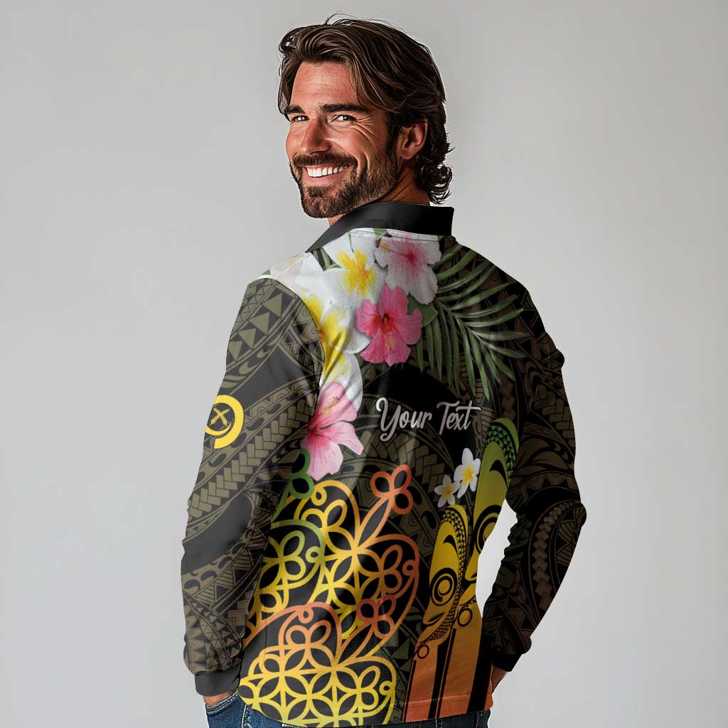 Personalised Vanuatu Independence Day Long Sleeve Polo Shirt Carving Drum Sand Drawing Turtle LT14 - Polynesian Pride