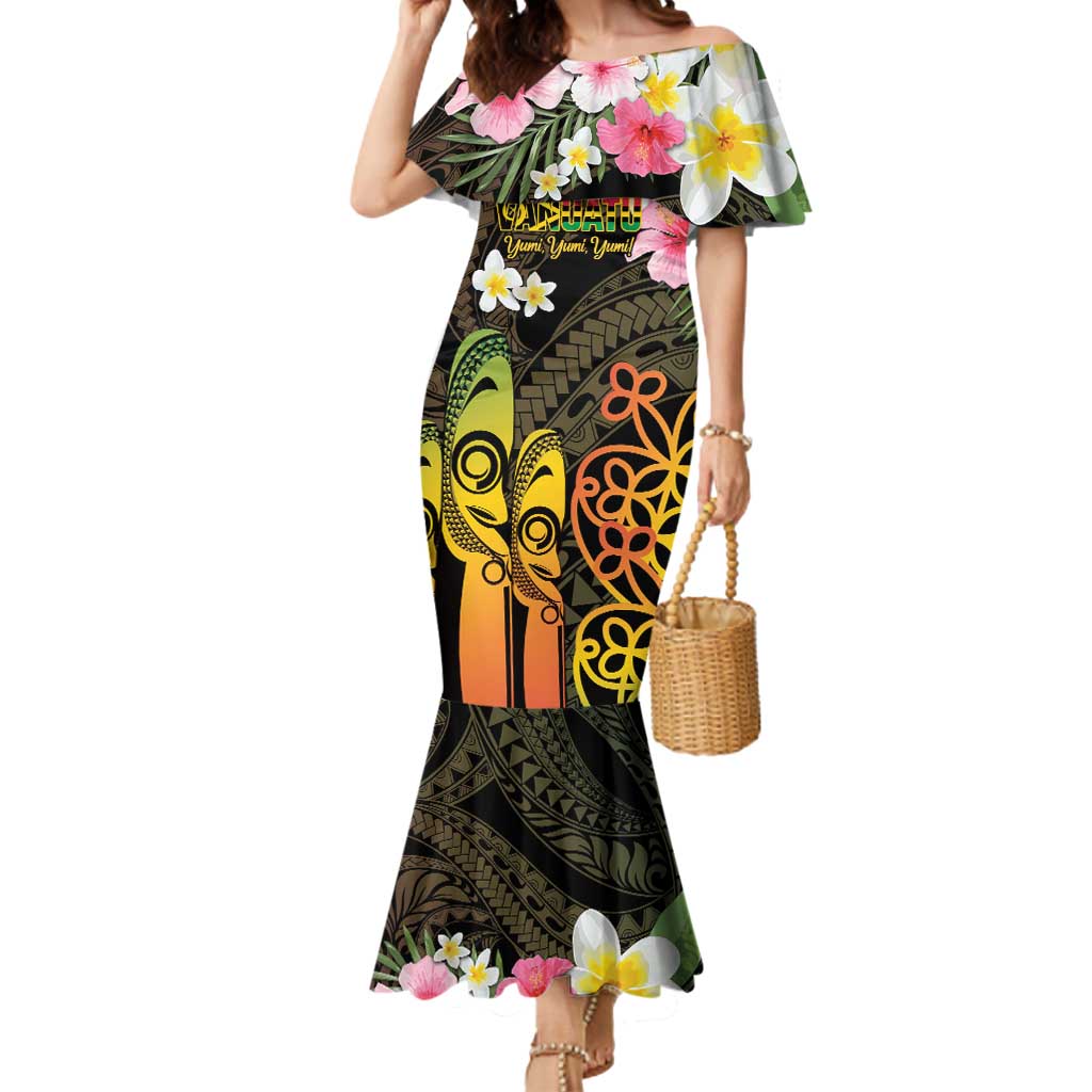 Personalised Vanuatu Independence Day Mermaid Dress Carving Drum Sand Drawing Turtle LT14 Women Black - Polynesian Pride